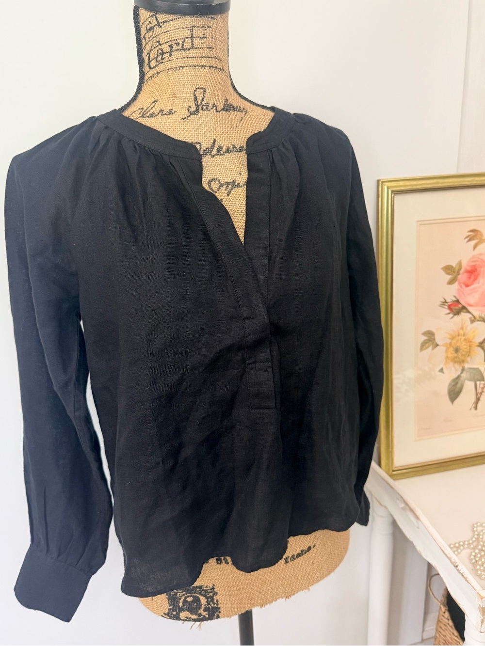 J. Crew Cabana Black Linen Popover Top Sz XS - Picture 3 of 11